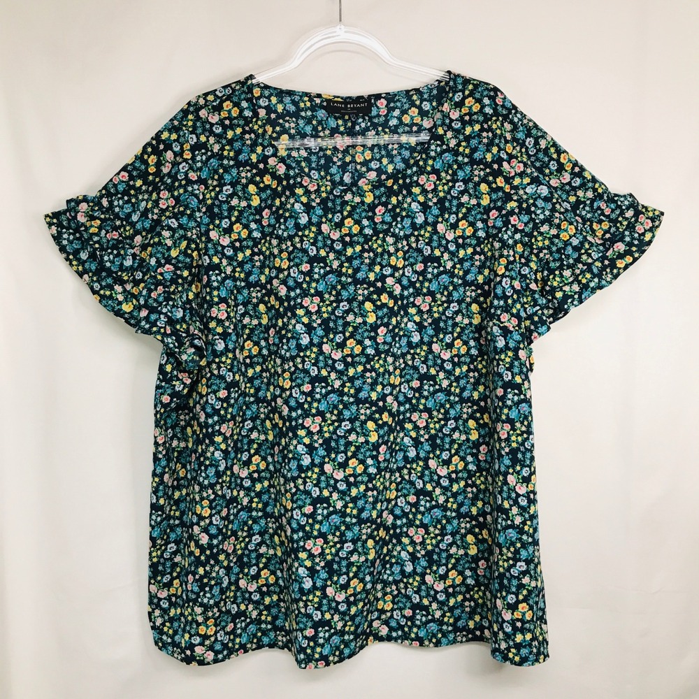Lane Bryant Womens Plus Size 24 Navy Floral Ruffle Sleeve Blouse Top Ditsy Print